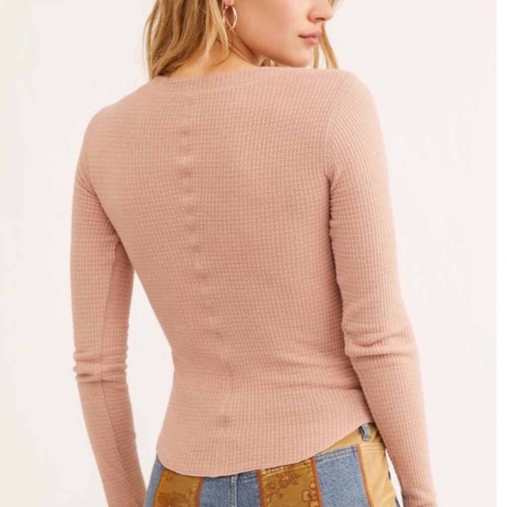 Free People Mauve Waffle Knit Long Sleeve Henley - Picture 2 of 12